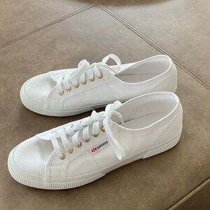 Superga White Canvas Low-Top Sneakers with Gold Eyelets
